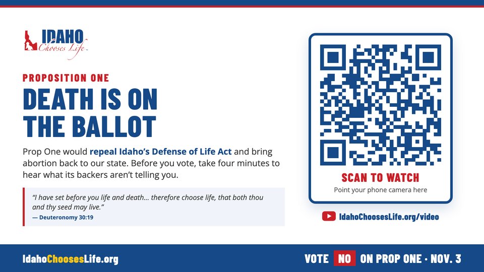 The announcement slide: Proposition One, Death Is on the Ballot, with a QR code to scan to watch the video